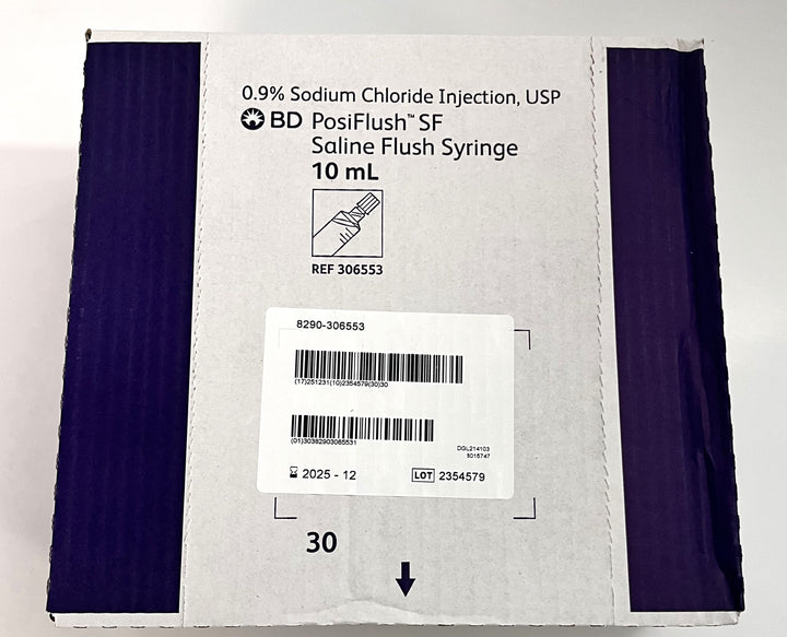 BD PosiFlush SF Saline Flush Syringe 10ml, 30-pack. Sterile, pre-filled, single-use syringes designed for IV line maintenance.