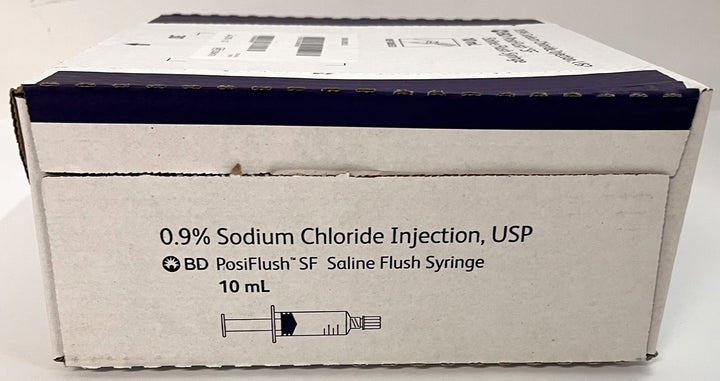 BD PosiFlush SF Saline Flush Syringe 10ml, 30-pack. Sterile, pre-filled, single-use syringes designed for IV line maintenance.