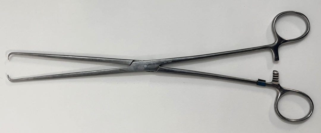 Stainless steel uterine dressing forceps with curved, serrated tips for precise handling of dressings during gynecological procedures.