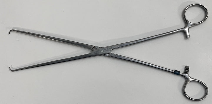 Stainless steel uterine dressing forceps with curved, serrated tips for precise handling of dressings during gynecological procedures.