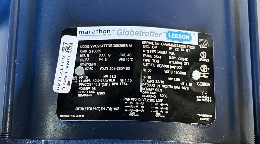 Marathon Globetrotter Leeson GT0059 Electric General Purpose Motor 15 HP 230/460 Volts