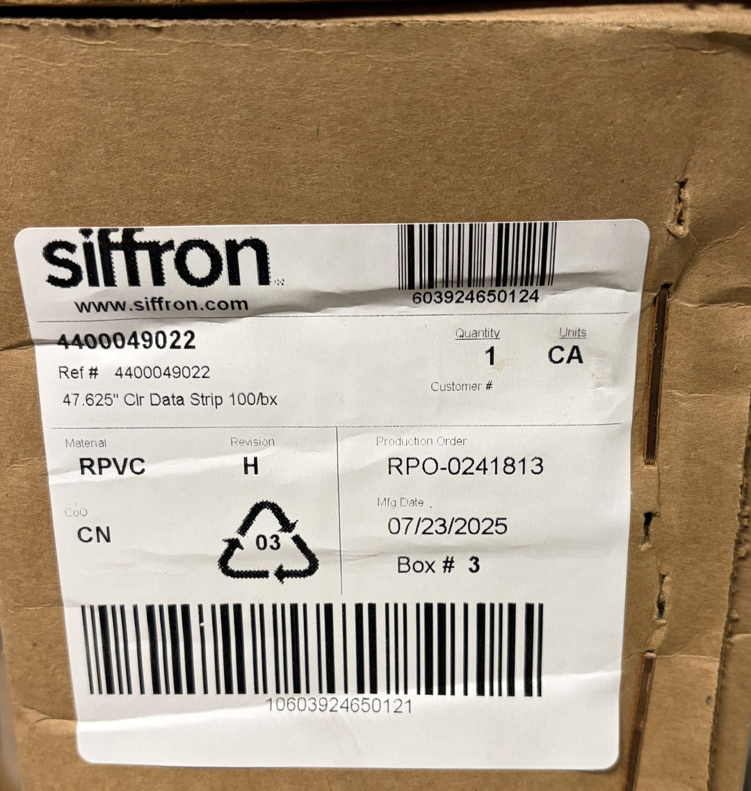Close-up of a shipping label on a brown cardboard box showing Siffron branding, product code, material type RPVC, and manufacturing details.