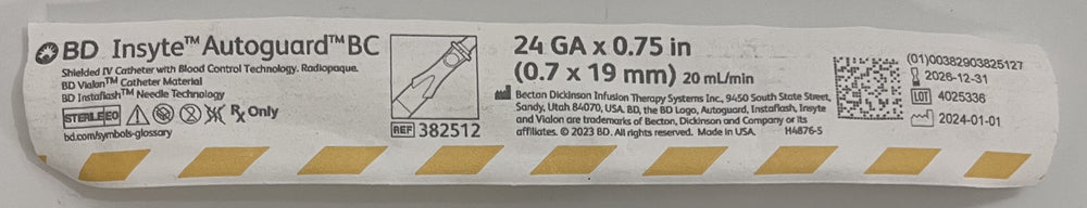 Insyte Autoguard BC Shielded IV Catheter 24GA x 0.75", Yellow, 382512 (50-Pack) provides secure, easy IV access with built-in protection.