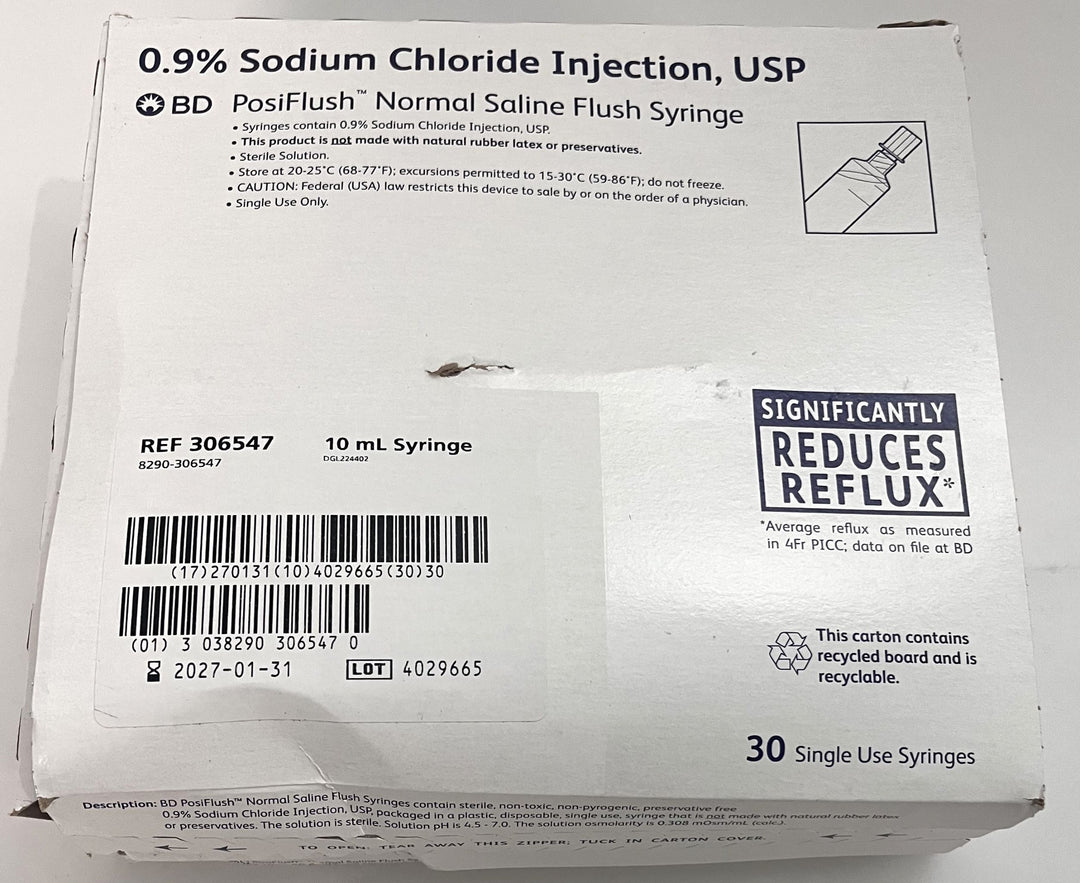 BD PosiFlush Normal Saline Flush Syringe 10ml, 30-pack. Pre-filled, sterile, single-use syringes for IV line maintenance.