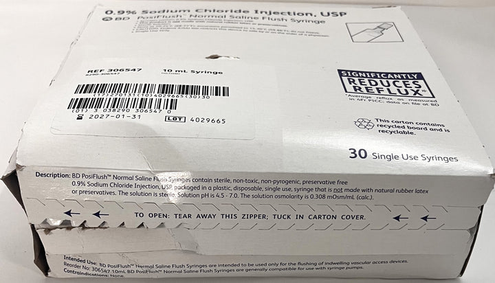 BD PosiFlush Normal Saline Flush Syringe 10ml, 30-pack. Pre-filled, sterile, single-use syringes for IV line maintenance.