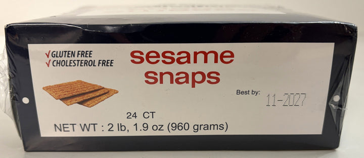 Box of Sezme sesame snaps gluten free snack bars with bold red text and a small image of thin crispy rectangular sesame bars on a white label