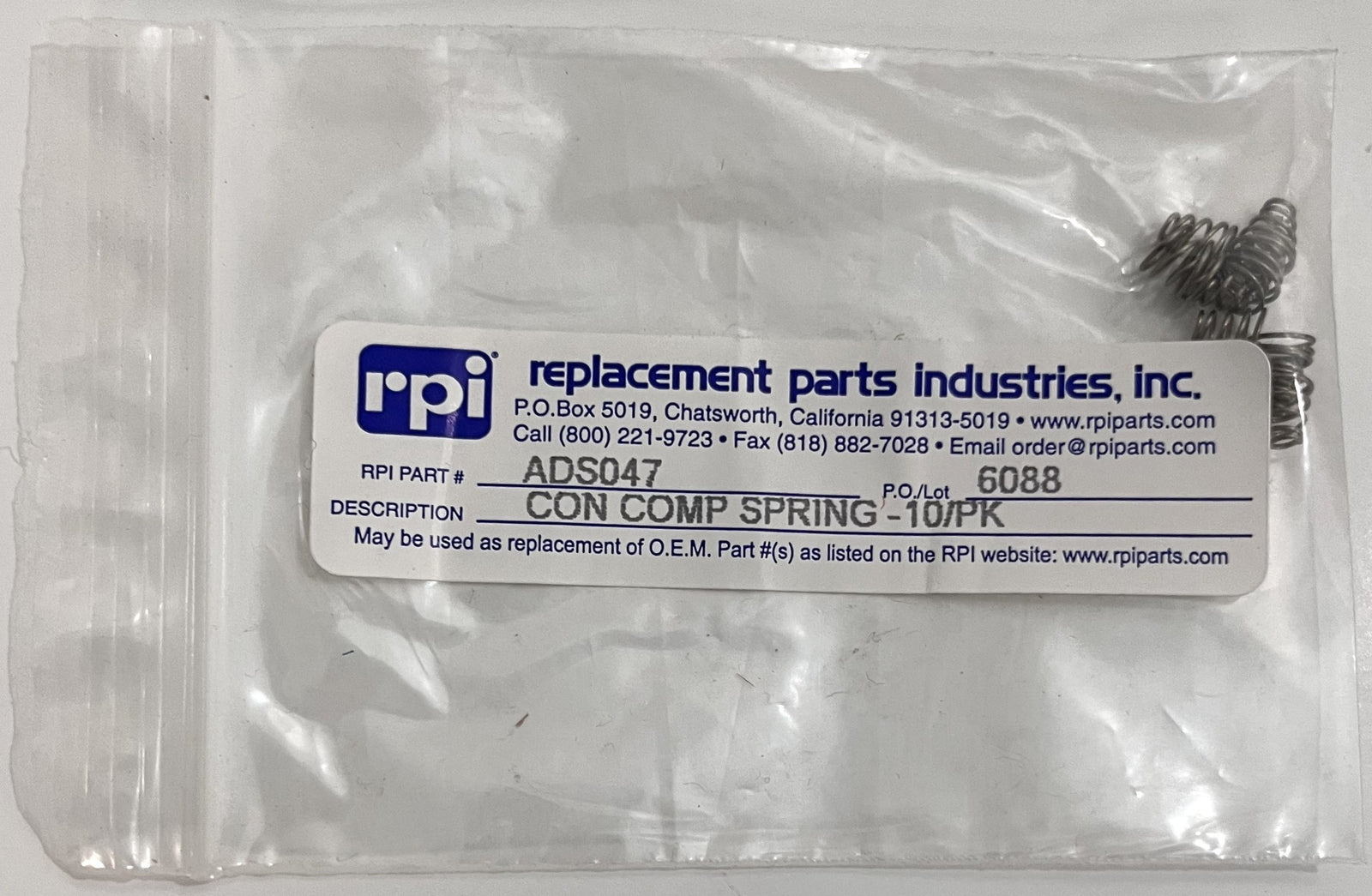 RPI Conical Compression Spring PN ADS047 (Pkg of 10)