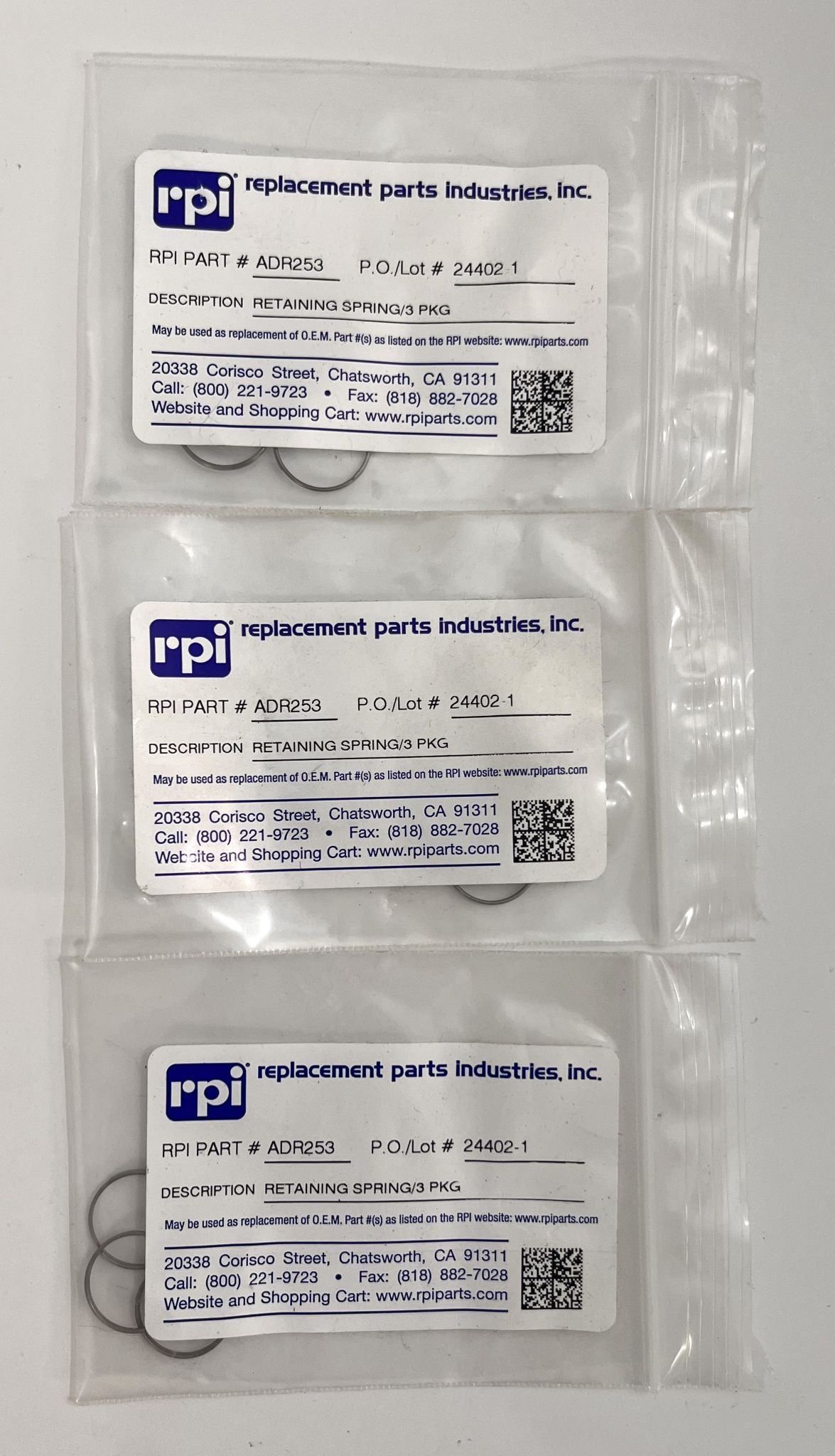 RPI ADR253 Retaining Springs – 9 Total (3 Springs per Pack)
