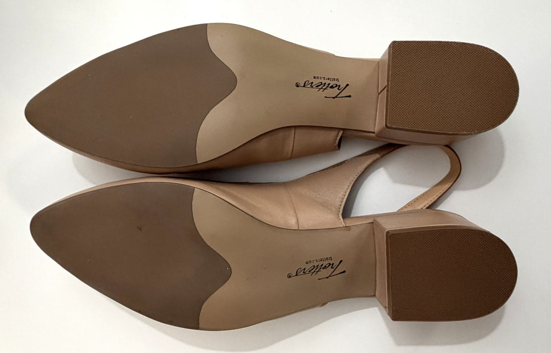 Brown shoes with visible brand name on a white background