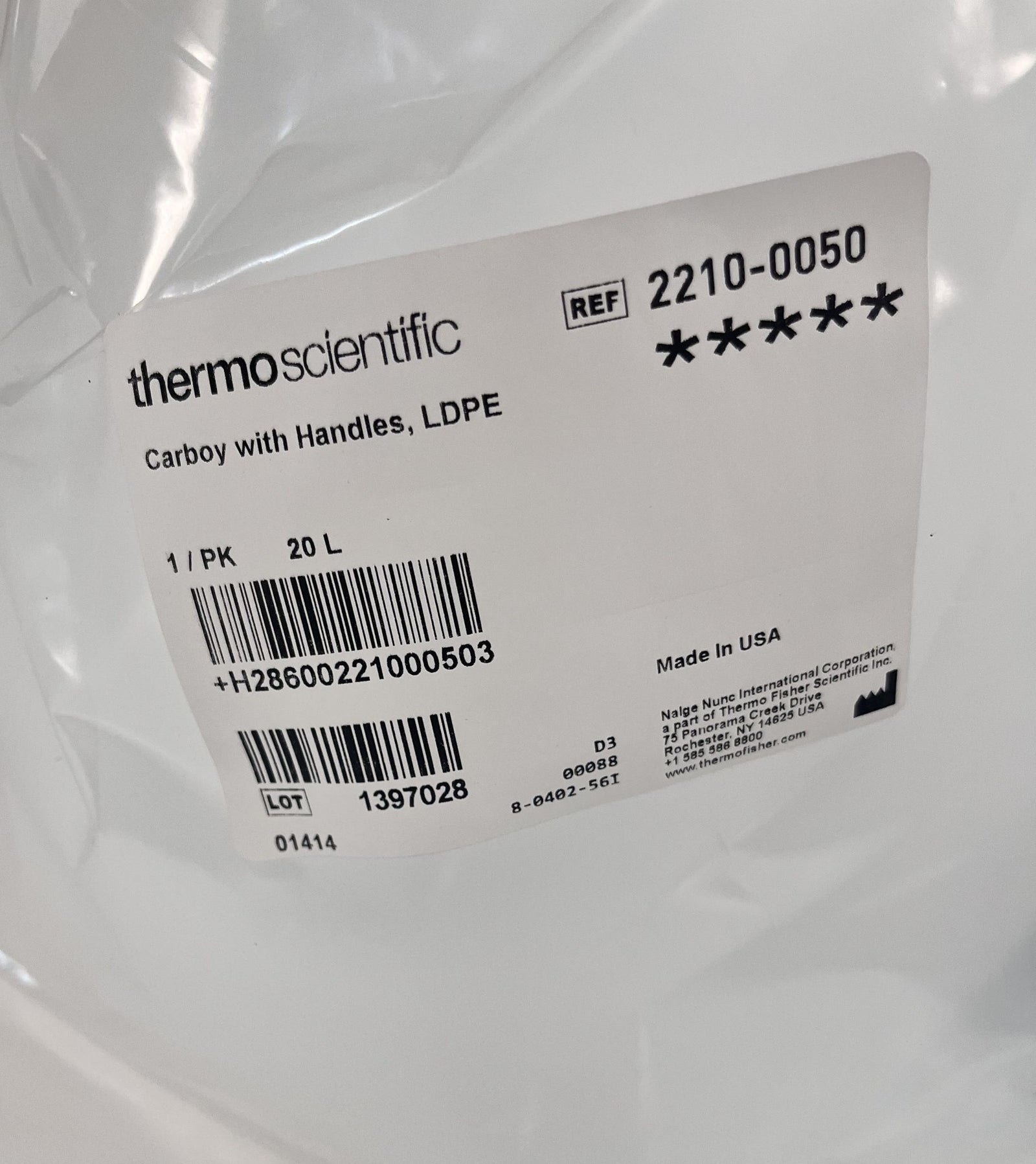 Thermo Scientific 2210-0050 Nalgene Carboy with Handles White, 20L, 1/Pk