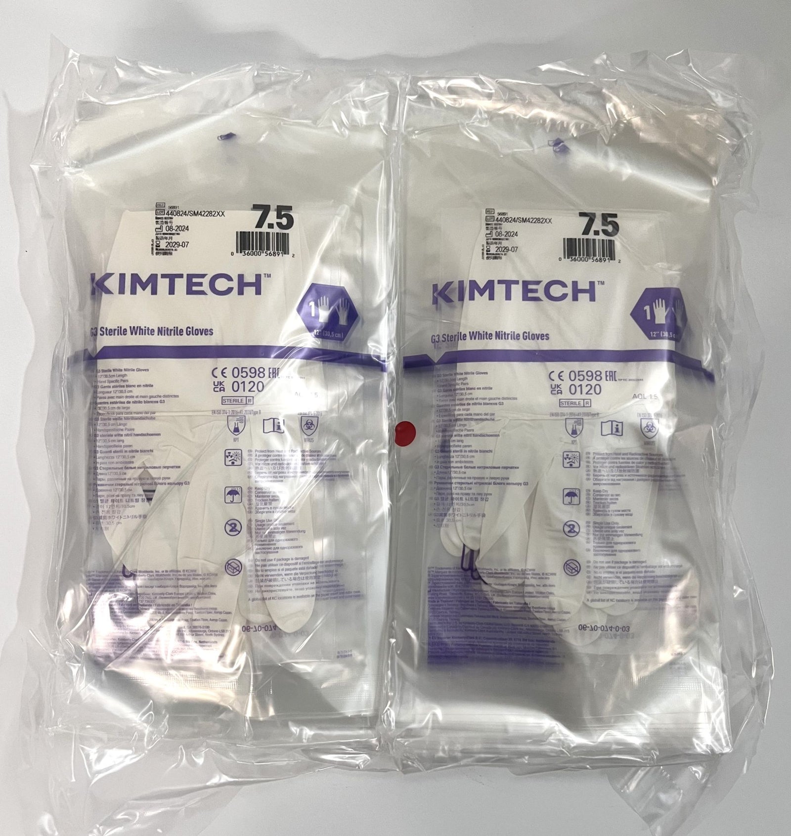 Kimtech G3 12" Sterile Nitrile Gloves, White, Size 7.5 (Pack of 20 Pairs)