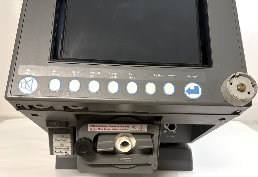 Front view of a Philips Respironics respiratory device core unit with blank screen, control buttons, and gas release valve designed for repair or parts use.