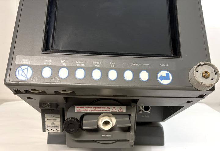 Front view of a Philips Respironics respiratory device core unit with blank screen, control buttons, and gas release valve designed for repair or parts use.