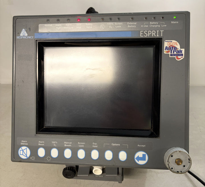 Front view of a Philips Respironics Esprit V1000 core unit for repair with a blank screen, control buttons, indicator lights, and a connected power cable on a neutral background.