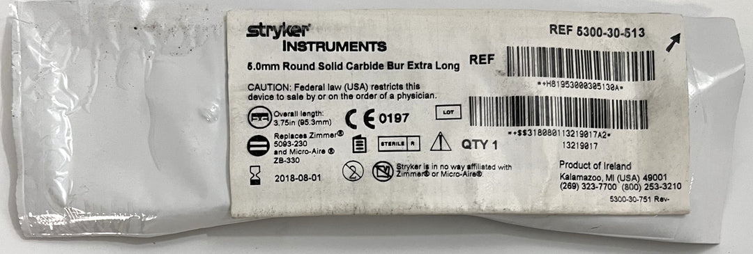 Stryker 5300-30-513 Round Solid Carbide Bur Extra Long 5.0mm, for training or research use.