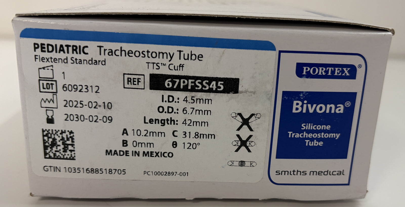 Bivona Pediatric Tracheostomy Tube 67PFSS45