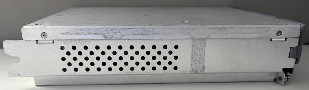 Metallic server or computer case with a perforated design on a gray background