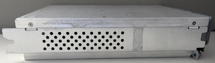 Metallic server or computer case with a perforated design on a gray background