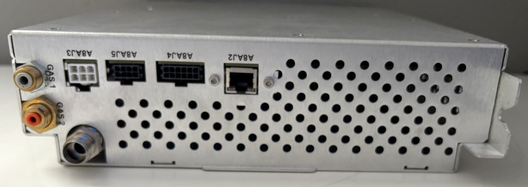 Electronic device with various ports and connectors on a gray background