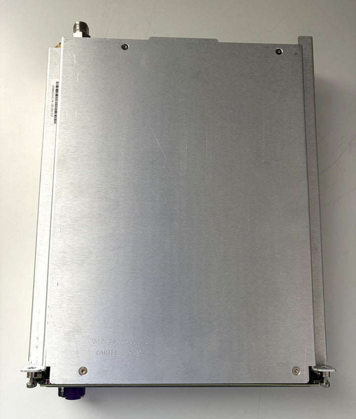 Metallic rectangular object with screws on a white background