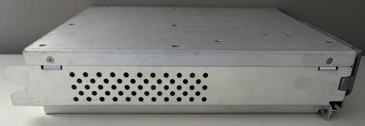 Metallic server rack with perforated design on a gray background