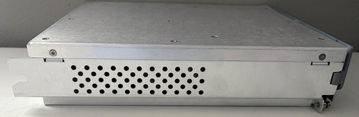 Metallic server rack with perforated design on a gray background