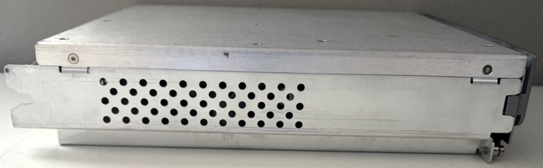 Metallic server rack with perforated design on a white background