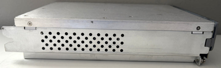 Metallic server rack with perforated design on a white background