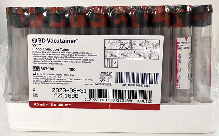 BD 367988 Vacutainer SST Blood Collection Tubes - 8.5mL, Pack of 100