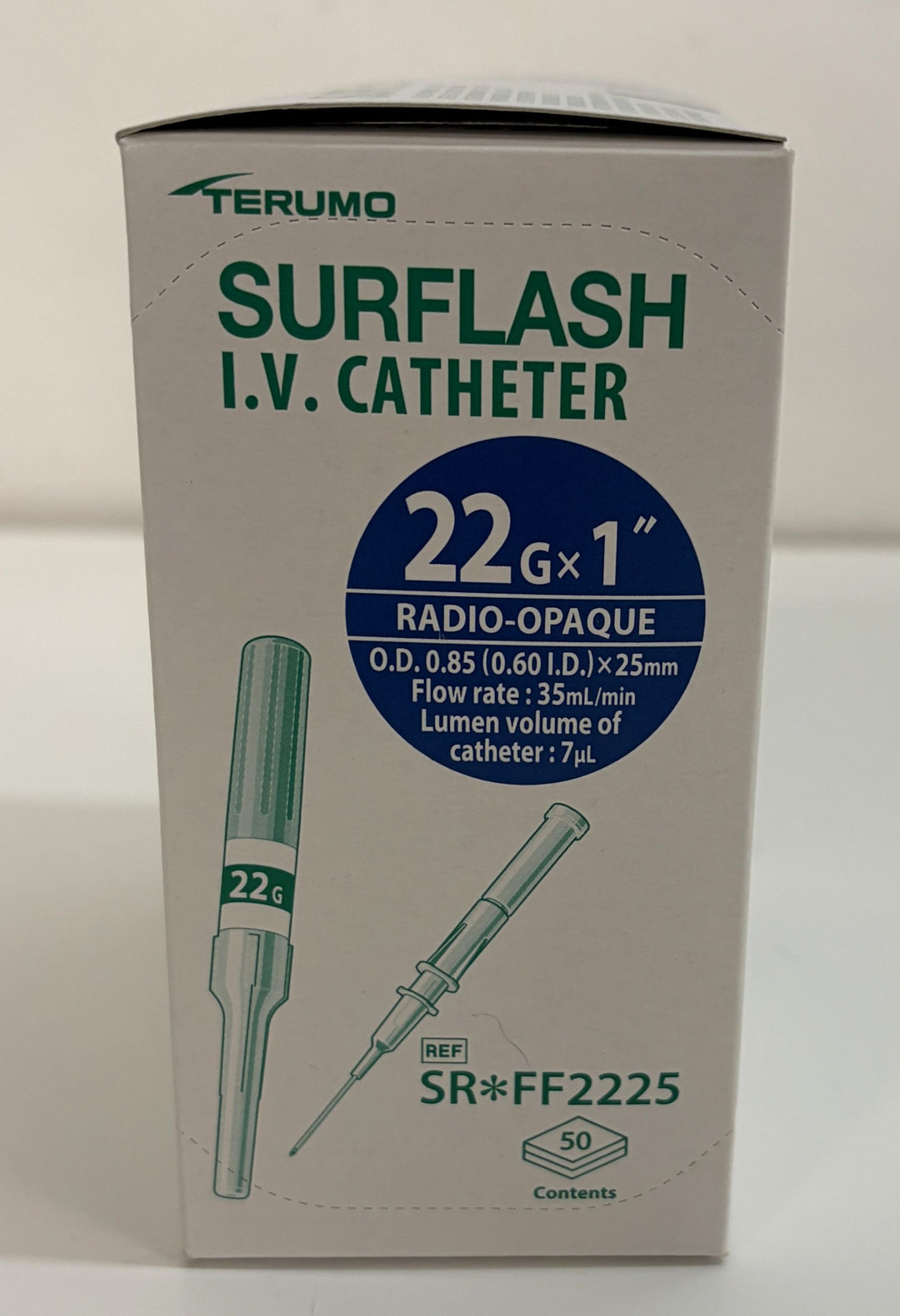 Box packaging of a Terumo Surflash 22 gauge by 1 inch radio-opaque IV catheter with catheter specifications and product reference number SR FF2225 shown on a white background.
