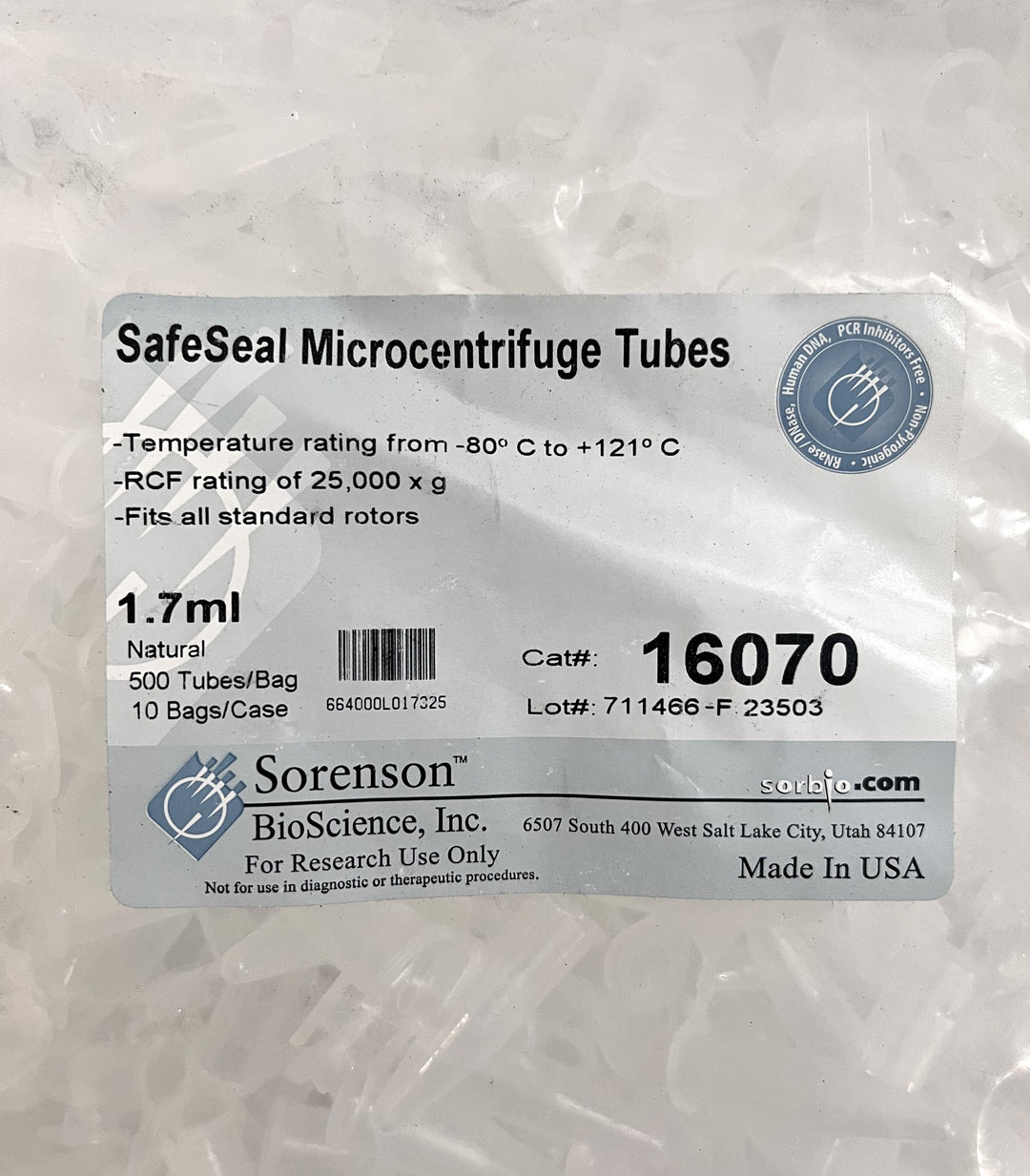 Sorenson 16070 SafeSeal Microcentrifuge Tubes 1.7ml (500 Tubes/Bag)