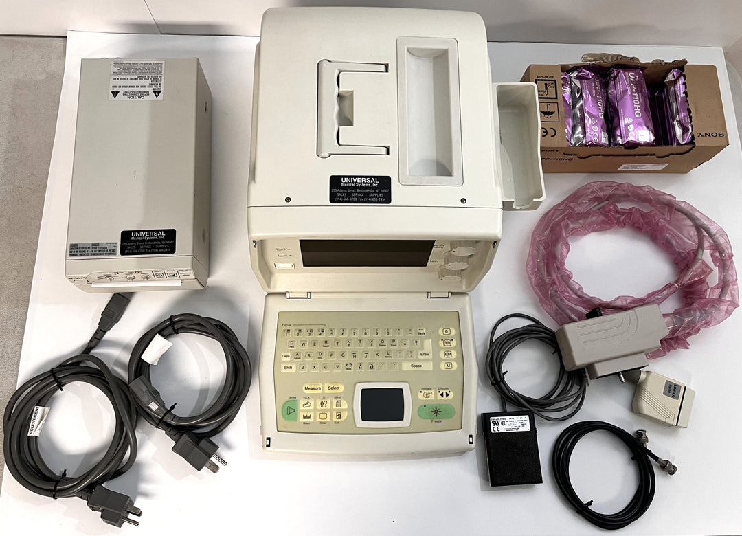 Medison SonoAce SA-600 Portable Ultrasound Machine with transducer, foot switch, and printer.