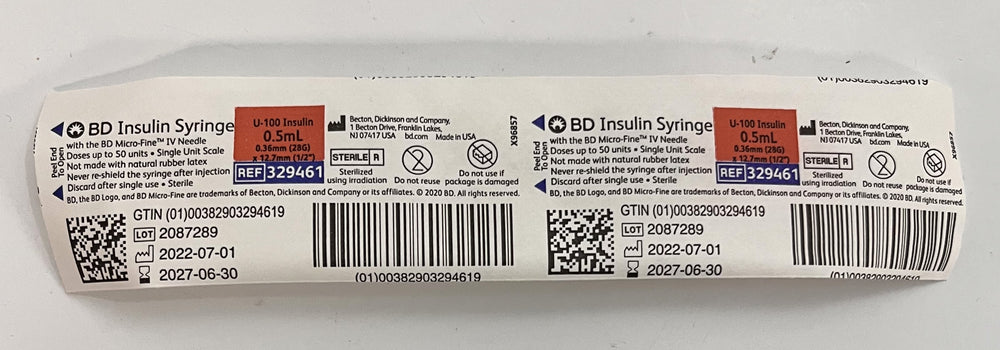 BD 329461 Micro-Fine Syringes 28G x 1/2", 100 per box, for precise insulin delivery.