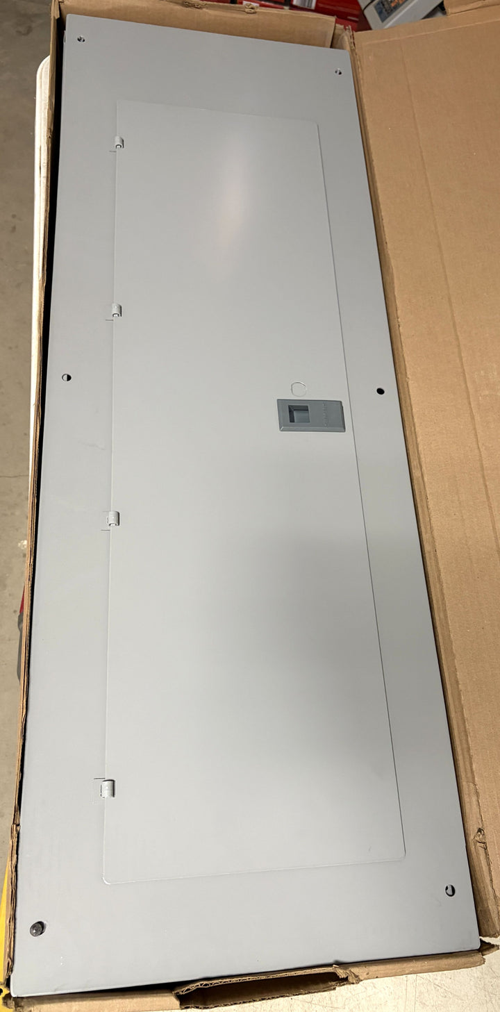 Siemens industrial electrical load center with a gray metal enclosure and flush-mounted door handle, designed for indoor installation and packaged in a cardboard box.
