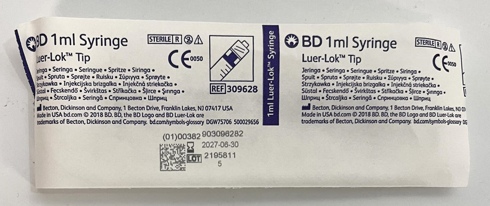 BD 309628 1mL Syringe Luer-Lok Tip, 100-pack, sterile, single-use, for precise dosing.