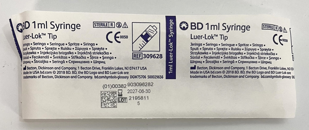 BD 309628 1mL Syringe Luer-Lok Tip, 100-pack, sterile, single-use, for precise dosing.