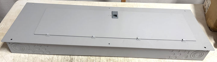 Siemens electrical load center panel in gray metal housing with multiple knockouts on the sides, suitable for indoor installation in industrial or business settings.