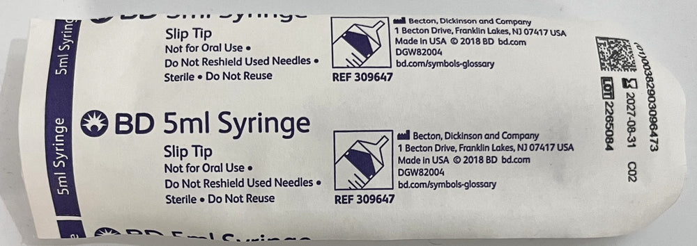 BD 309647 5mL Slip Tip Syringe, 125-pack, sterile, single-use