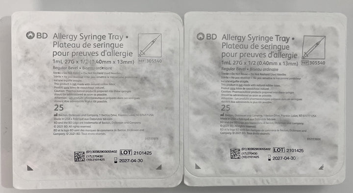 BD 305540 Allergy Syringe Tray 1mL 27G x 1/2", 25/PK (2 Packs)