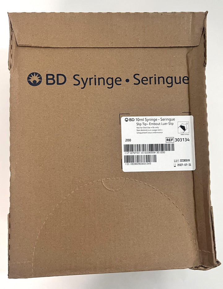 BD 303134 10ml Slip Tip Syringe, sterile, single-use, 200/Box, precision design.