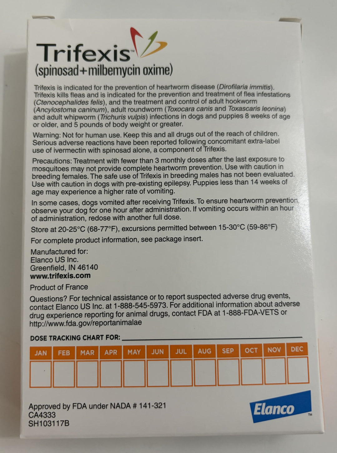 Back view of Elanco Trifexis 10.1-20 lbs chewable tablets box for dogs, displaying dosage instructions, warnings, and manufacturer details on a white background.