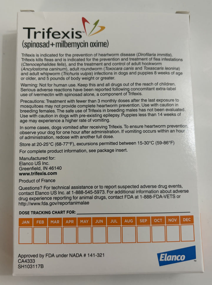 Back view of Elanco Trifexis 10.1-20 lbs chewable tablets box for dogs, displaying dosage instructions, warnings, and manufacturer details on a white background.