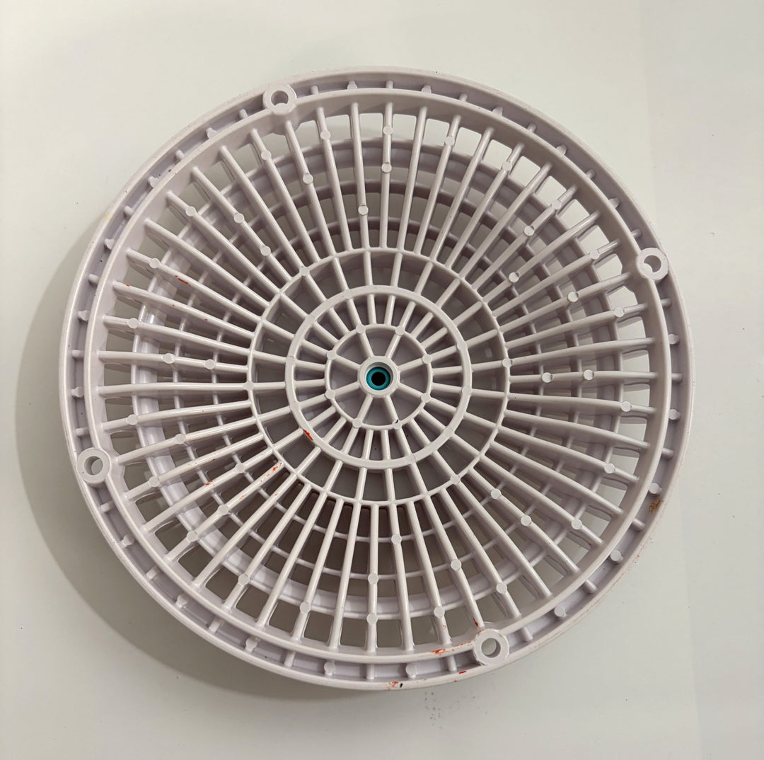 White circular pool suction outlet drain cover with a grid pattern and central mounting hole, designed by AquaStar for safe water flow and debris protection.