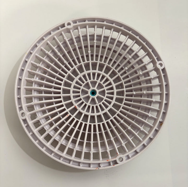 White circular pool suction outlet drain cover with a grid pattern and central mounting hole, designed by AquaStar for safe water flow and debris protection.