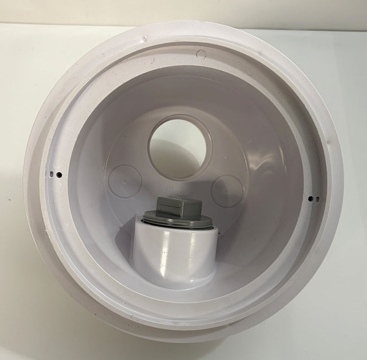 Top-down view of a white AquaStar pool suction outlet drain cover, showing its circular design with a central opening and internal gray valve component.