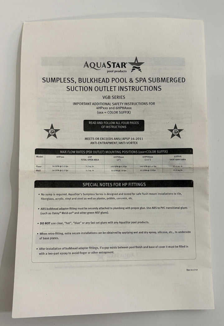 Instruction sheet from AquaStar detailing installation and safety guidelines for the sumpless bulkhead pool and spa suction outlet drain cover with technical specifications and notes.