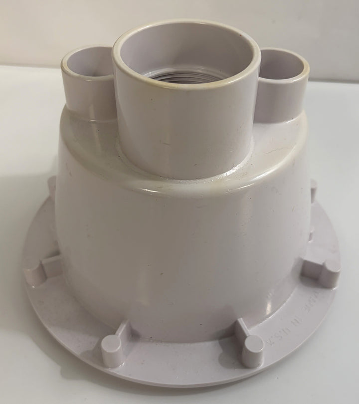 White plastic pool suction outlet drain cover component with multiple pipe connectors, designed by AquaStar for residential or commercial pool systems.