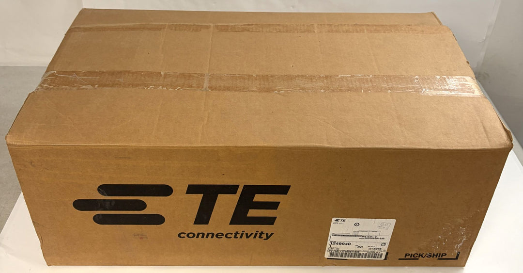 Brown cardboard shipping box with printed TE Connectivity logo and shipping label, containing a new optical distribution frame chassis block from PHENTERSALES.