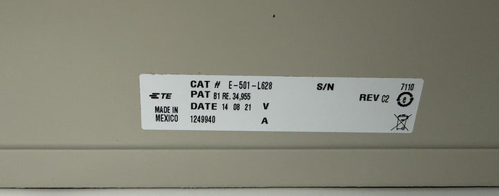 Close-up of a TE Connectivity label showing model number E-501-L628, patent information, manufacturing date, and origin from Mexico on an electrical chassis component offered by PHENTERSALES.