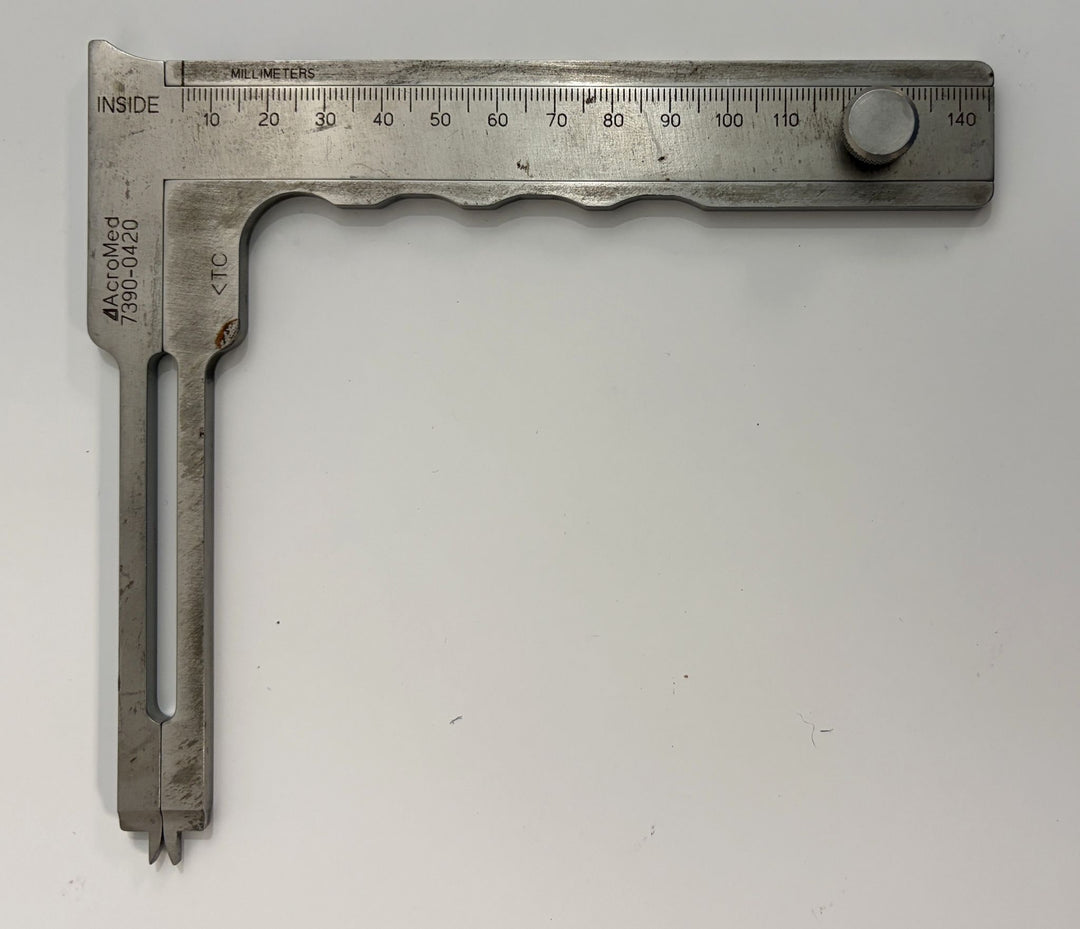 Stainless steel pedicle distance caliper spreader by AcroMed, featuring engraved measurement scale and adjustable knob for precise spinal surgery measurements.